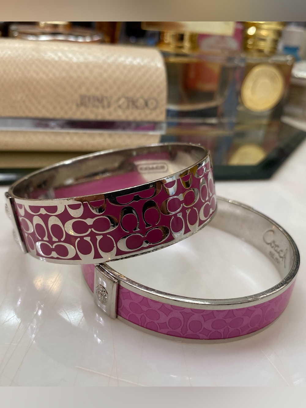 Coach Signature C Wide & Poppy Thin Silver Enamel Bangle Set, Magenta/Light Pink - Picture 4 of 8